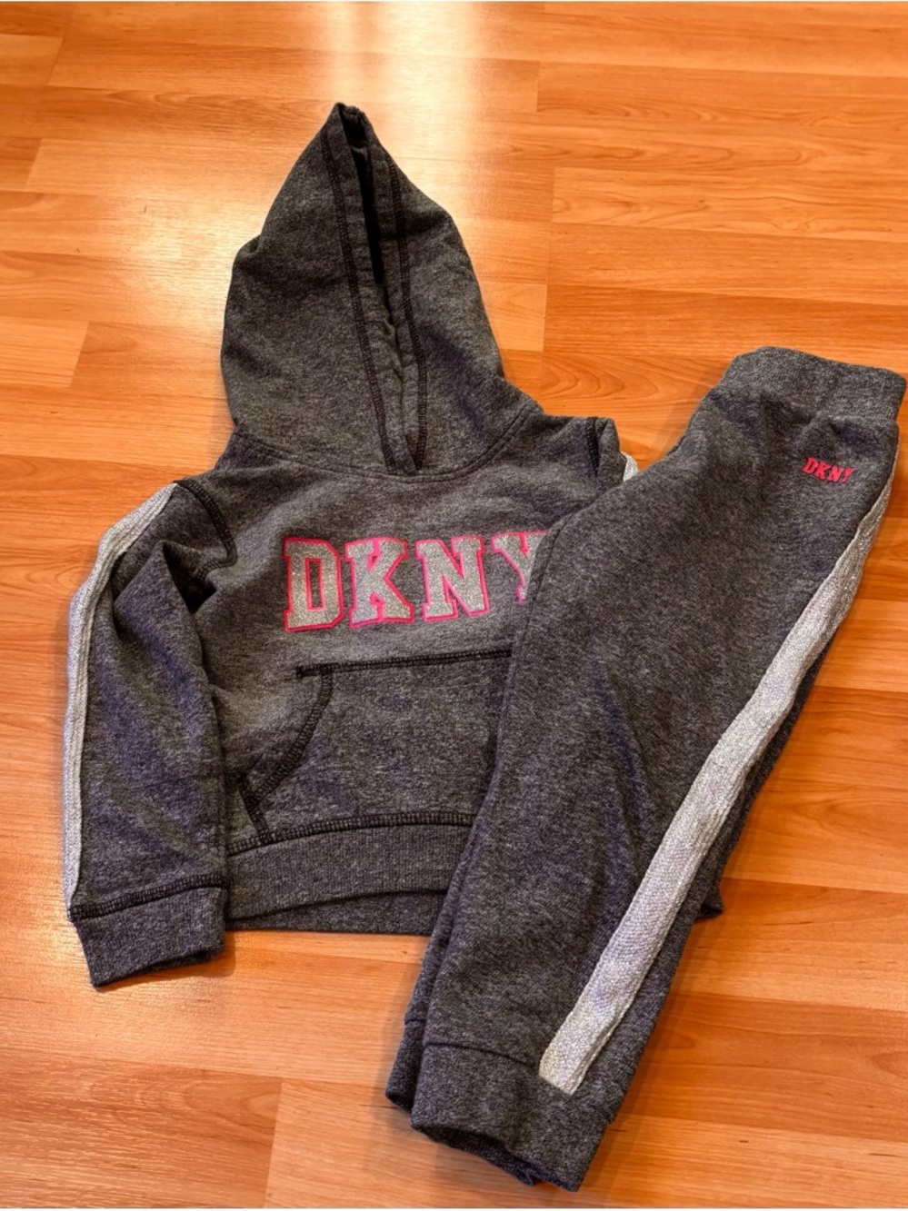 5/$25 DKNY Kids Dark Gray  Hooded Sweatshirt & Joggers‎ Set - Pink Logo